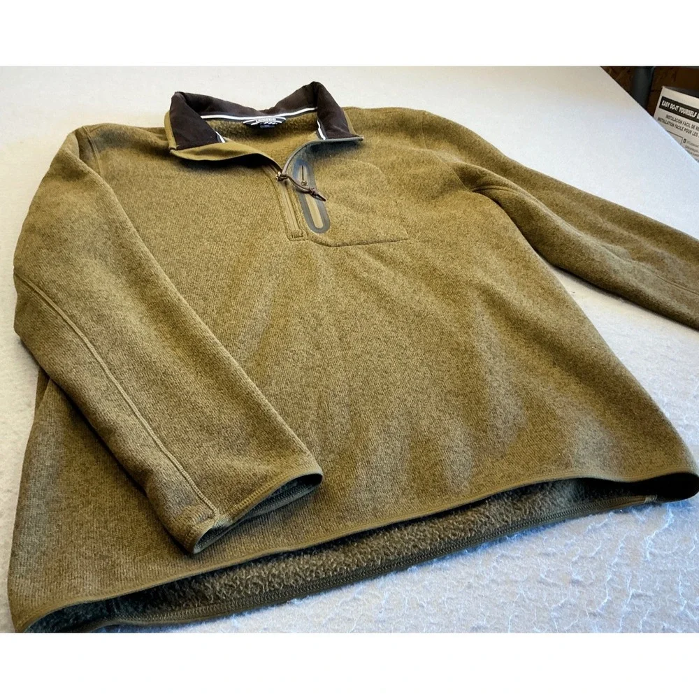 Lands End Quarter Zip Fleece Pullover Sherpa Lined Corduroy Collar Olive L